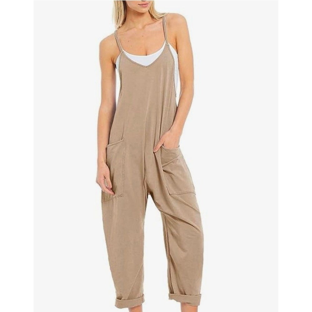 Amazon Tan Sleeveless Jumpsuit Casual Oversized Harem Romper Khaki Pockets